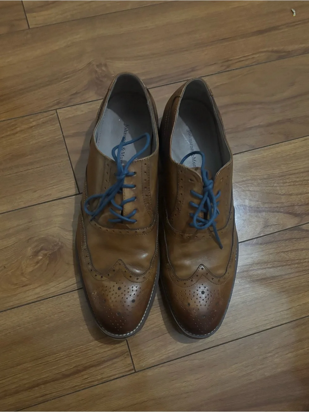 Johnston & Murphy Tan Leather Wingtip Oxfords with Blue Laces